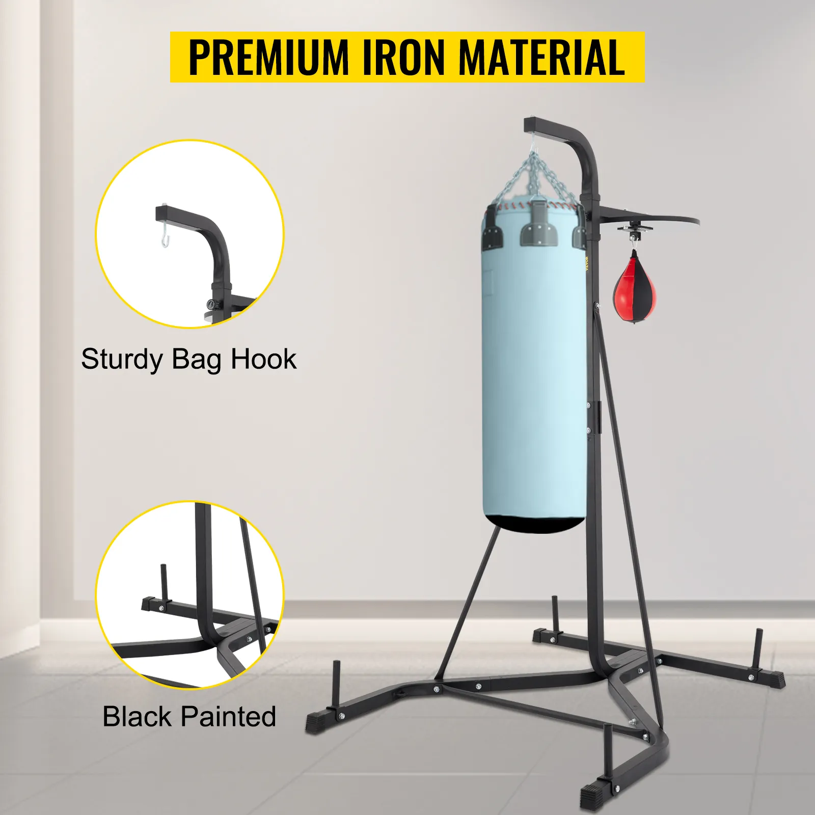 VEVOR heavy bag stand with sturdy bag hook and black painted finish, premium iron material.