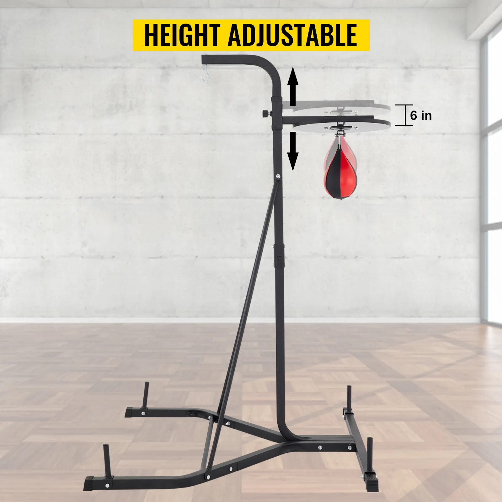 height adjustable VEVOR heavy bag stand with speed bag in a modern gym.