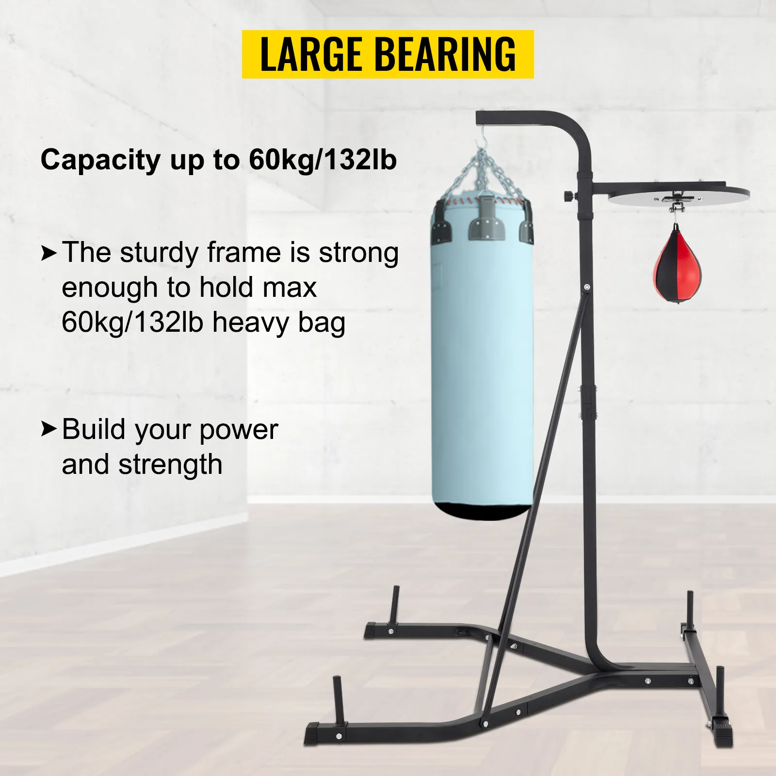 VEVOR heavy bag stand with max 60kg/132lb capacity and speed bag platform.