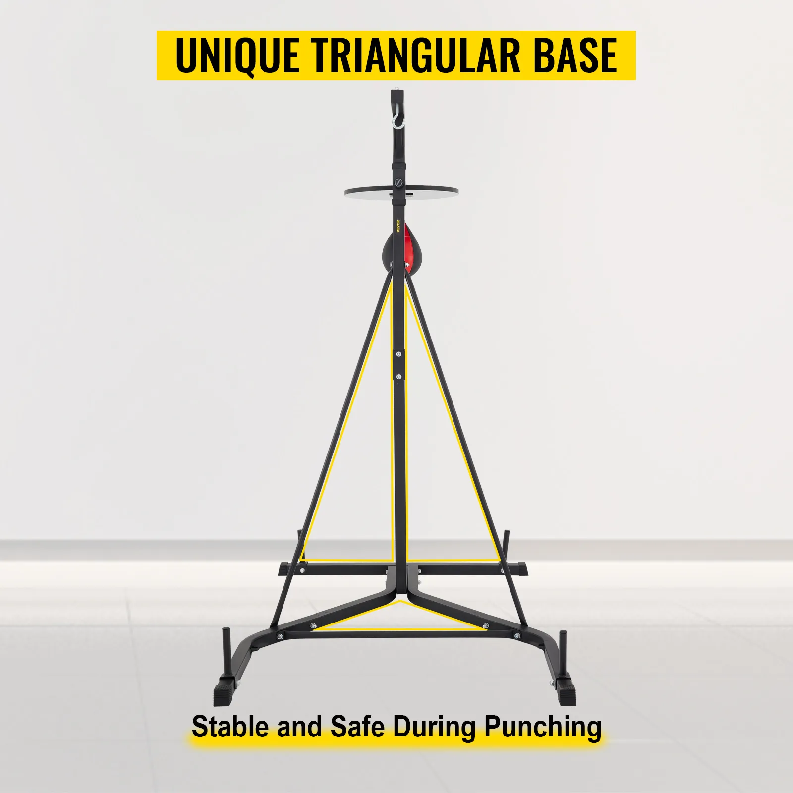 VEVOR heavy bag stand with unique triangular base for stability and safety during punching.