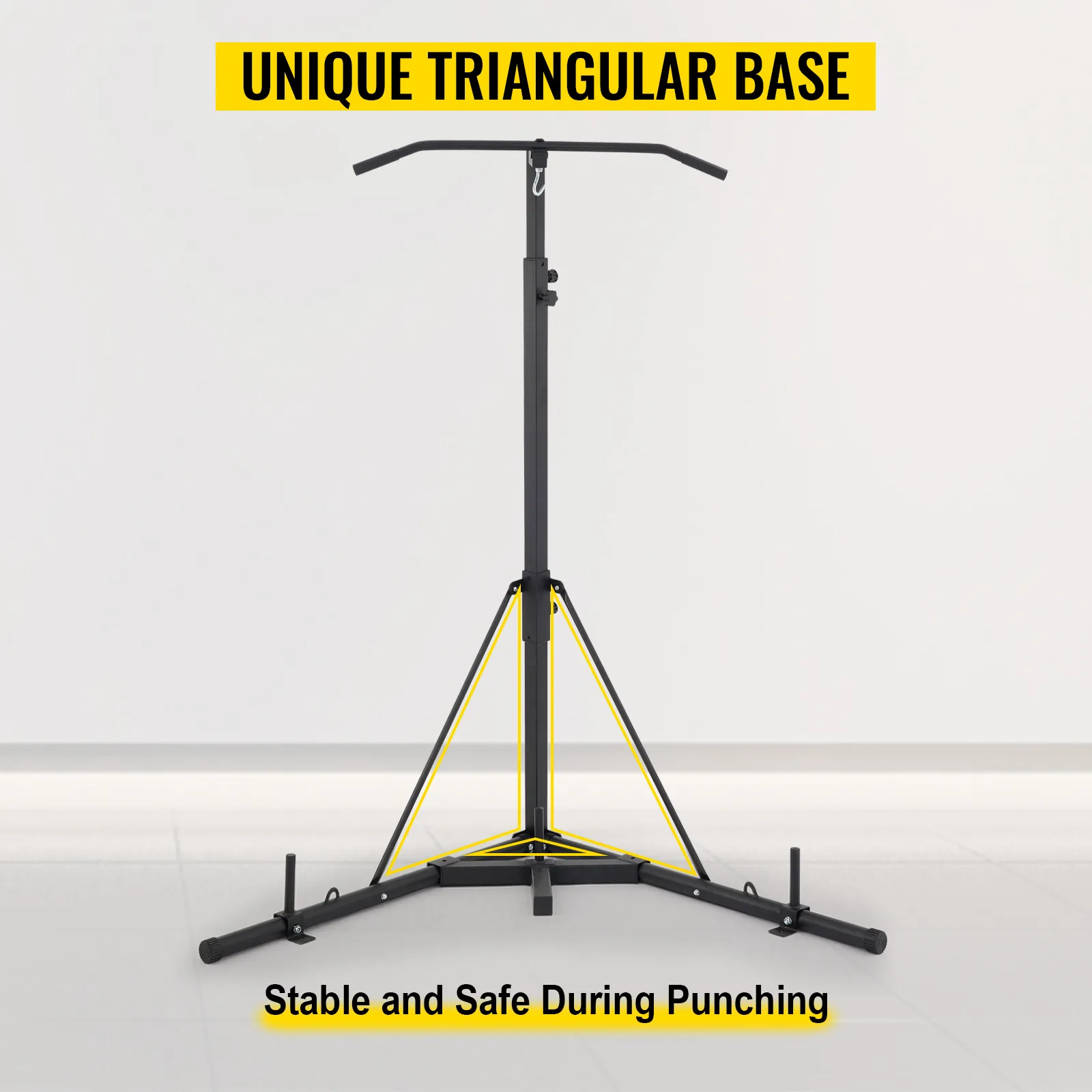 Soporte para saco pesado VEVOR con base triangular única para estabilidad y seguridad.