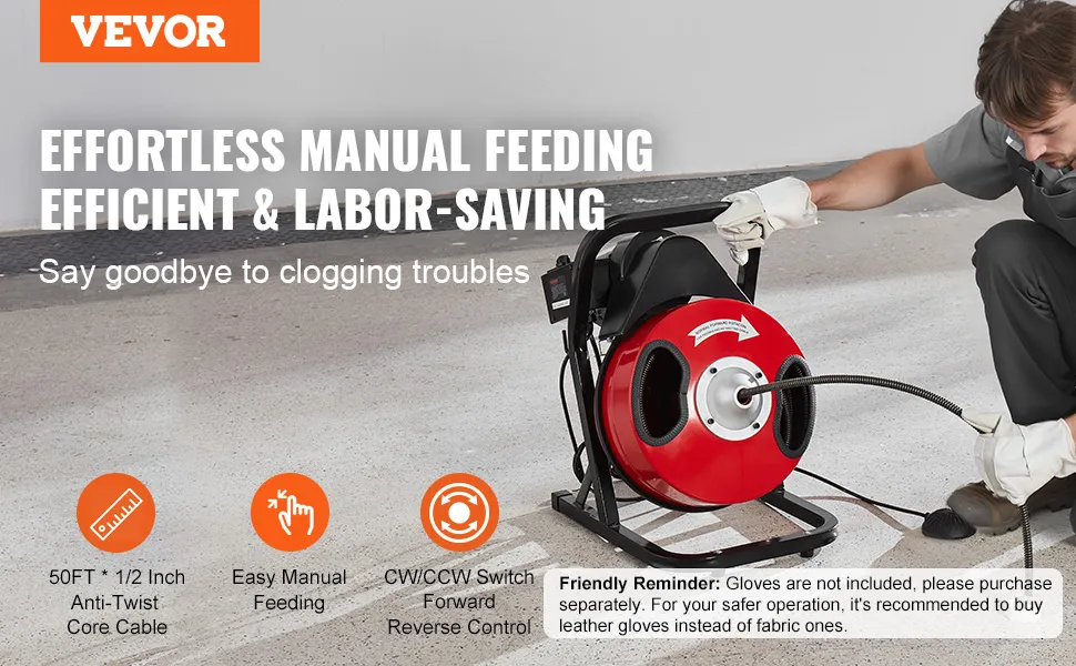 VEVOR Drain Cleaner Machine 50FT x 1/2Inch Manual Feed Snake Auger with 4 Cutter