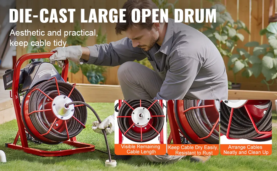 VEVOR Drain Cleaner Machine Drain Auger 75FT x 1/2 Inch Manual Feed & 4 Cutters