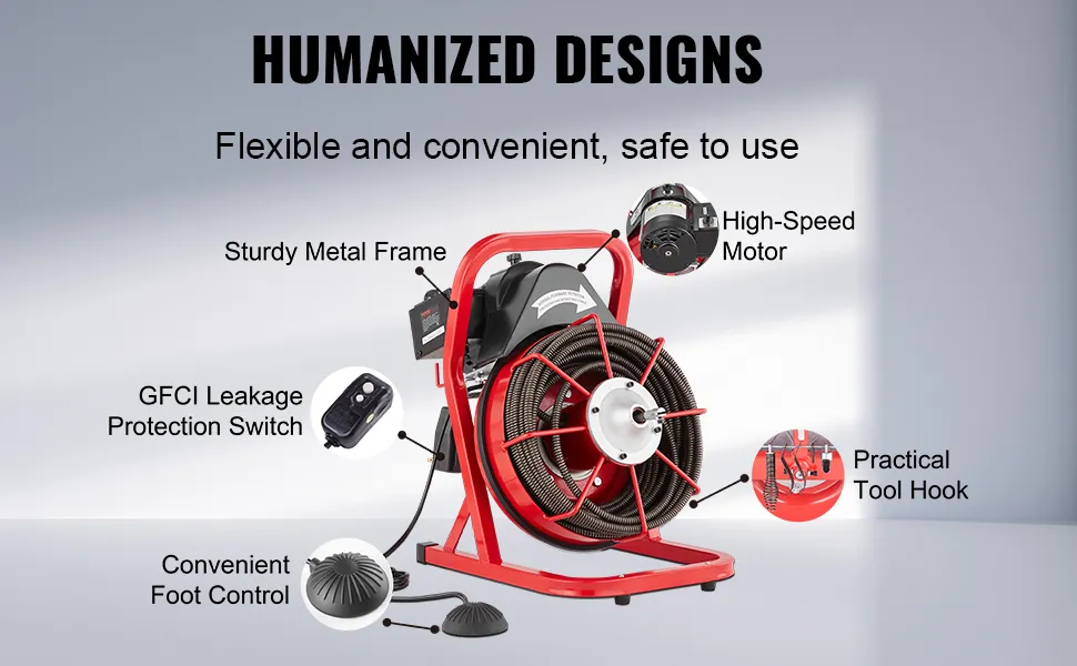 VEVOR Drain Cleaner Machine Drain Auger 75FT x 1/2 Inch Manual Feed & 4 Cutters