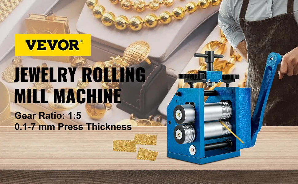 VEVOR jewelry rolling mill machine with 1:5 gear ratio and 0.1-7 mm press thickness.