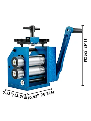blue VEVOR jewelry rolling mill with hand crank, 11.42" high and 10.43" wide.