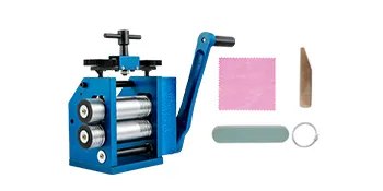 VEVOR jewelry rolling mill with accessories: hand crank, rollers, cloth, and tools.