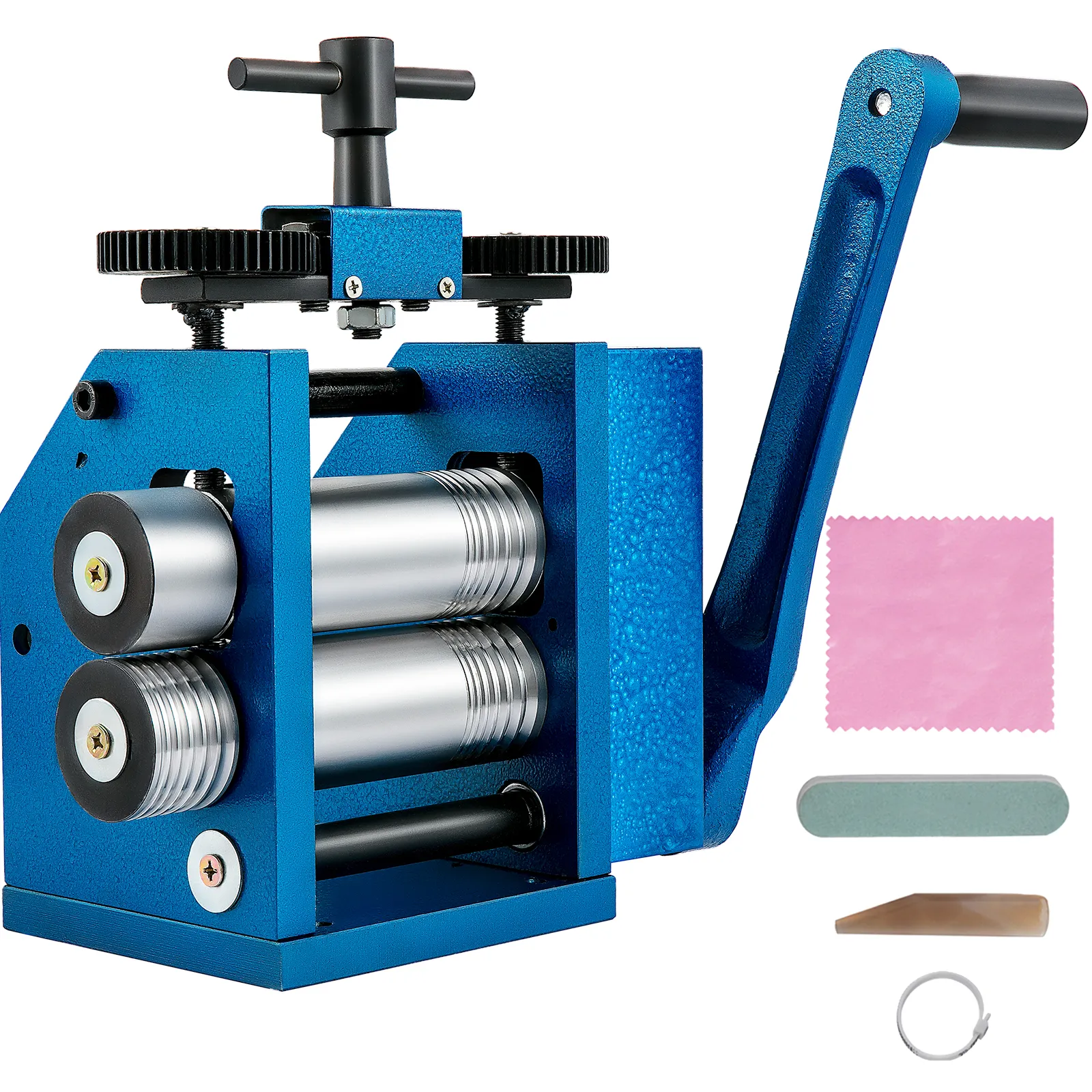 VEVOR jewelry rolling mill with handle, rollers, cleaning cloth, and accessories