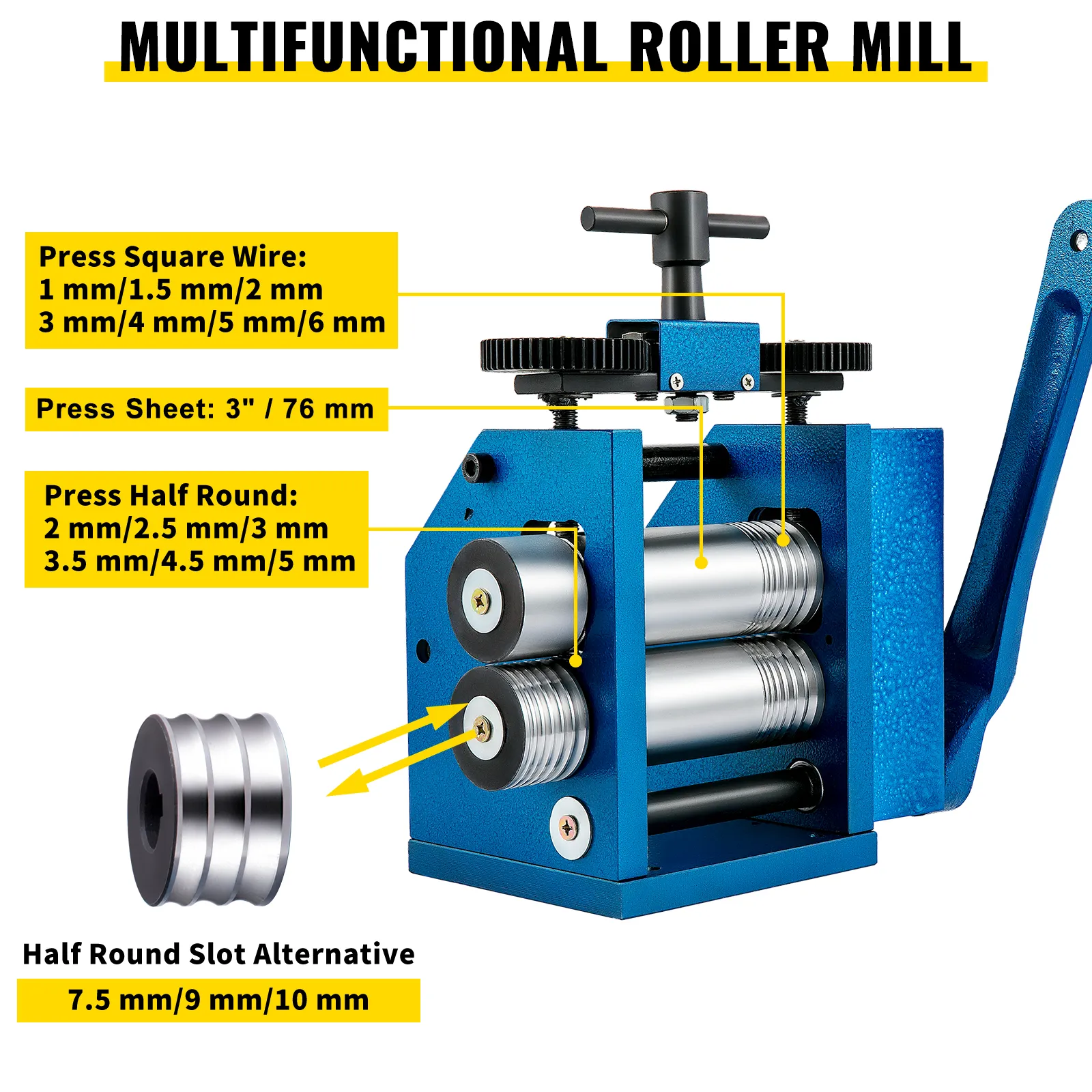 VEVOR jewelry rolling mill with labeled dimensions for square wire and half-round slots.