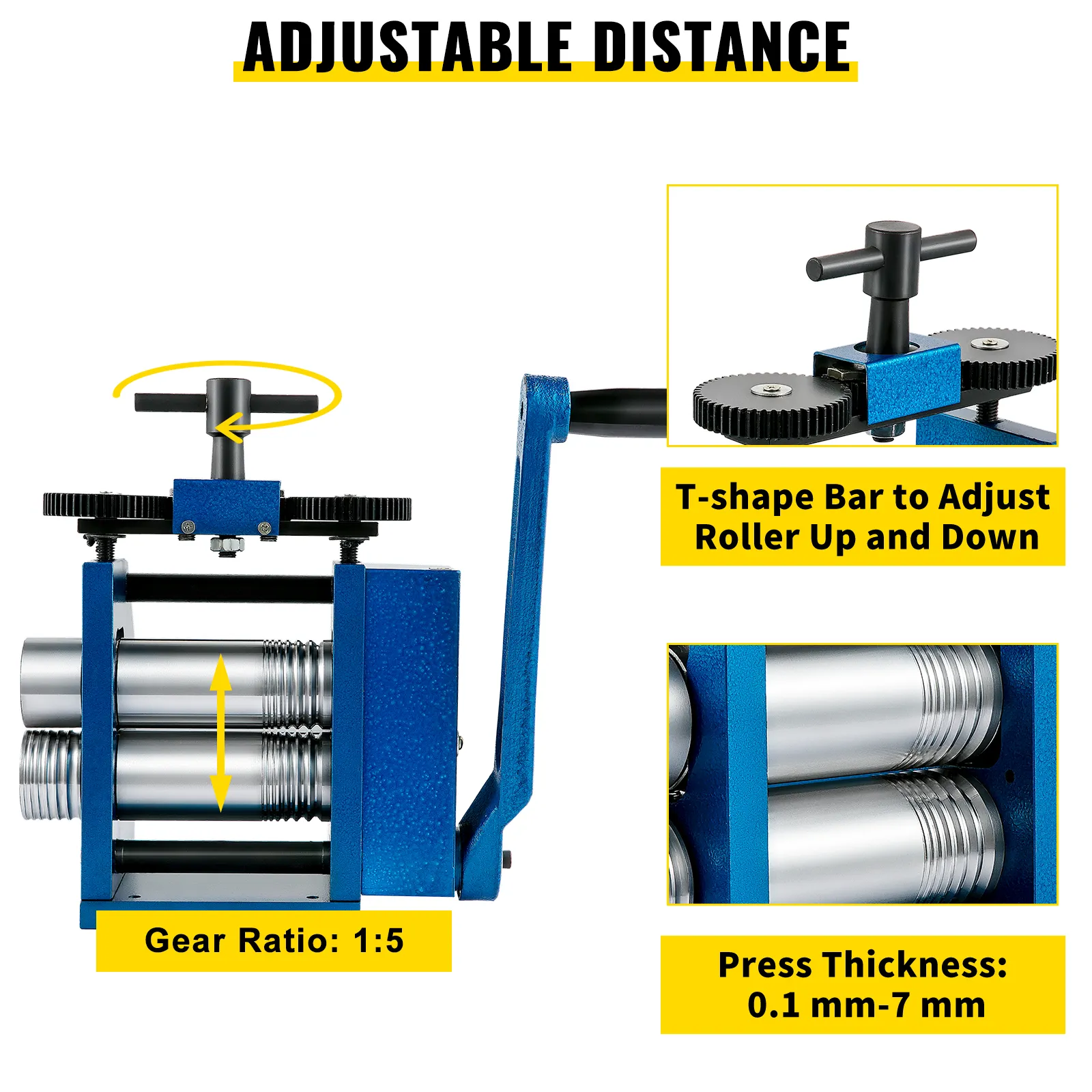 VEVOR jewelry rolling mill with adjustable distance, t-shape bar, and gear ratio 1:5.