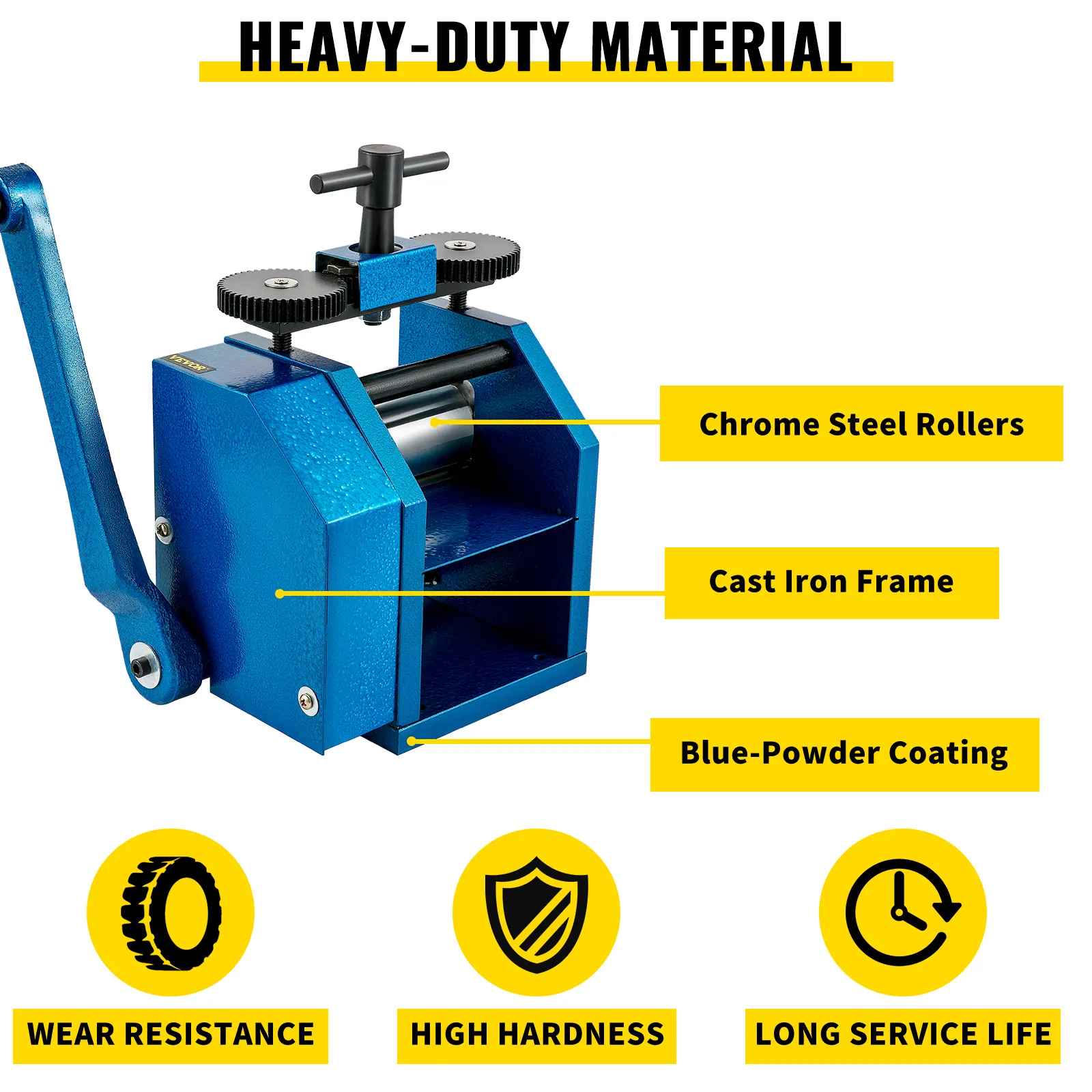 VEVOR jewelry rolling mill with chrome steel rollers, cast iron frame, and blue coating.
