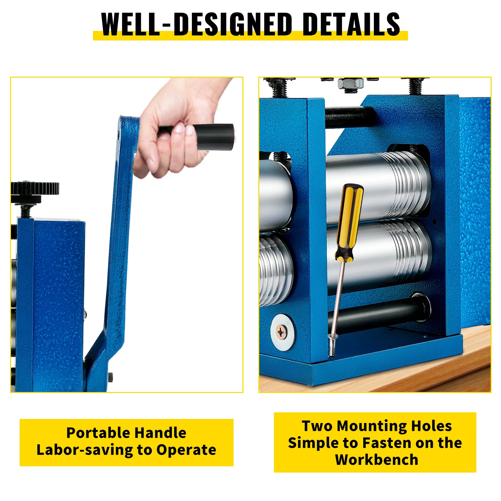 portable handle and mounting holes for easy operation on VEVOR jewelry rolling mill.