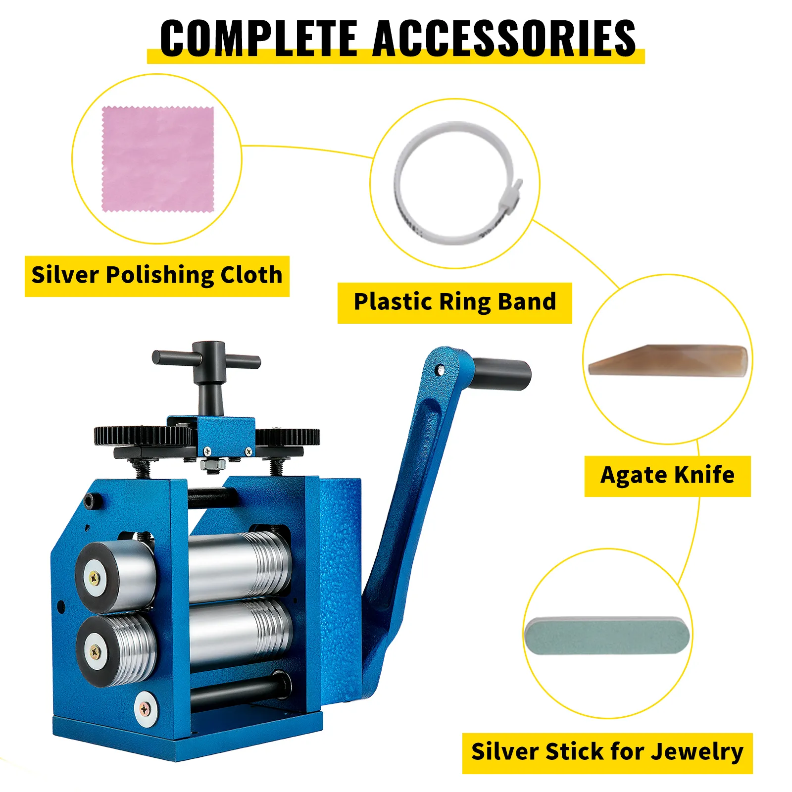 VEVOR jewelry rolling mill with silver polishing cloth, plastic ring band, agate knife.