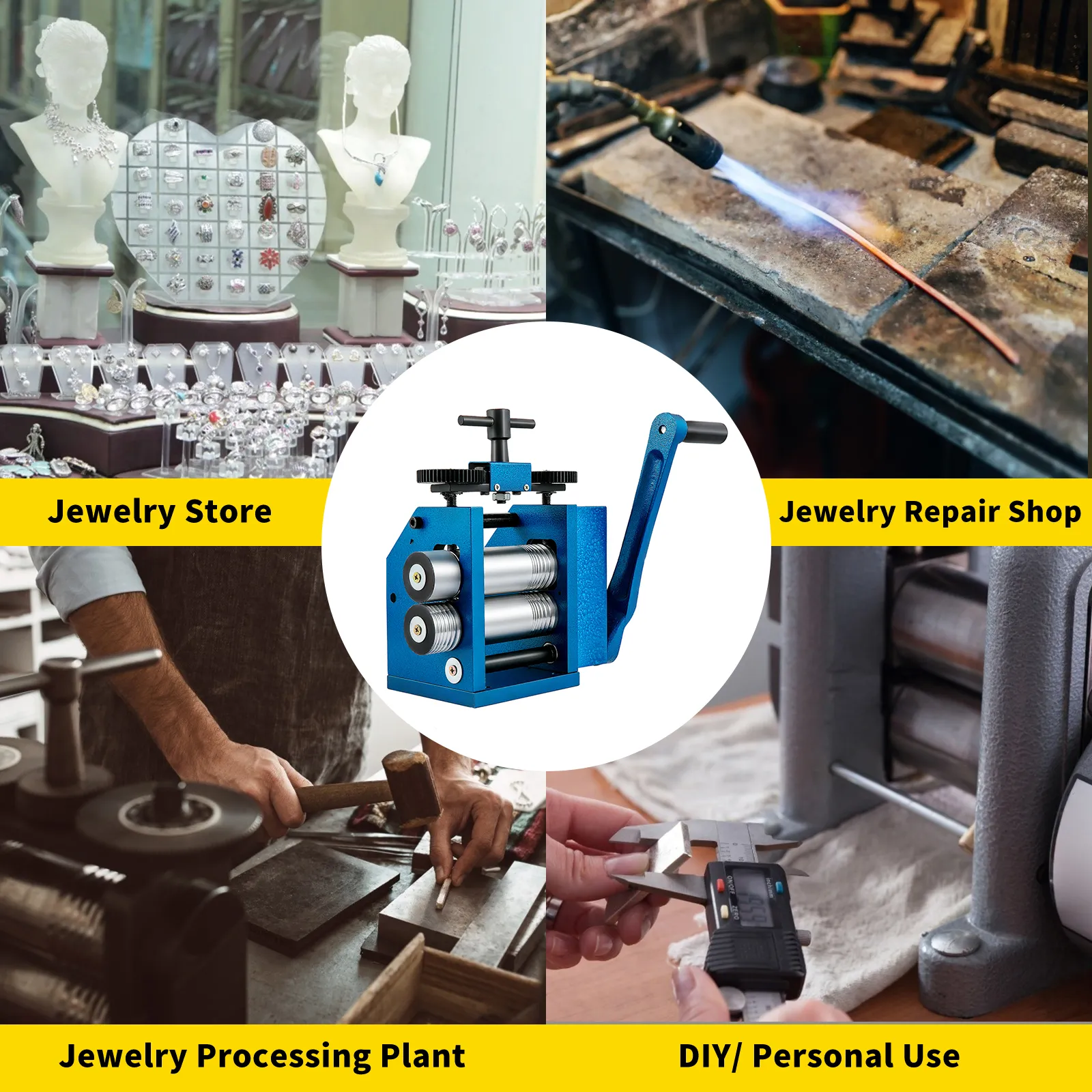 VEVOR jewelry rolling mill shown for use in stores, repair shops, processing plants, and diy.