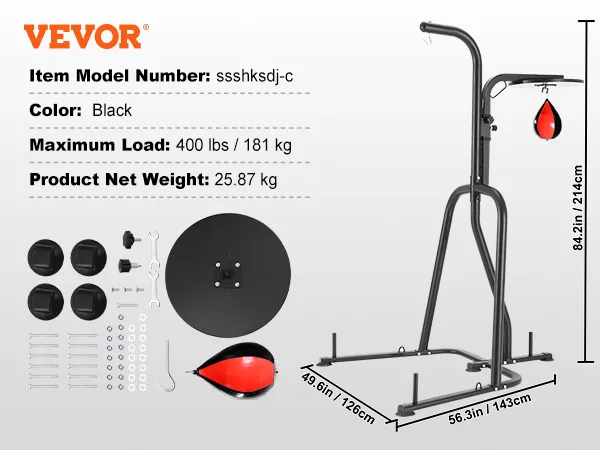 VEVOR punching bag stand, black, height 84.2 inches, includes bolts, washers, wrenches, and speed bag.