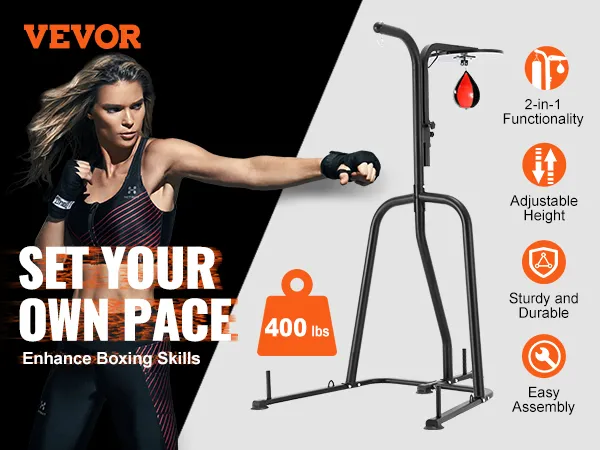 VEVOR punching bag stand with 400 lbs weight capacity, adjustable height, sturdy and durable design.