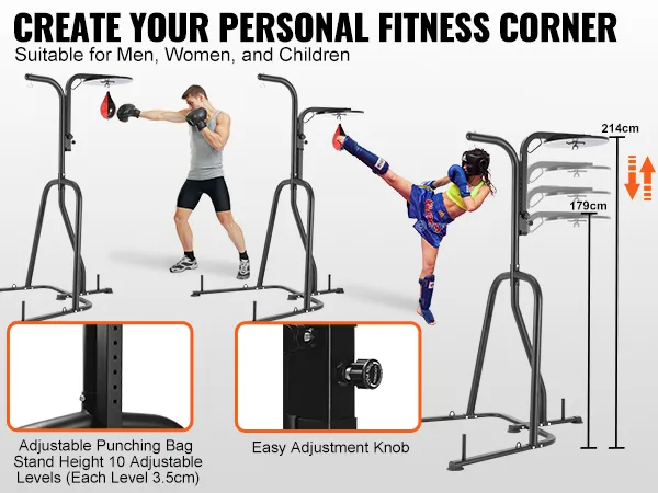 VEVOR punching bag stand with 10 adjustable height levels for personal fitness, suitable for all ages.