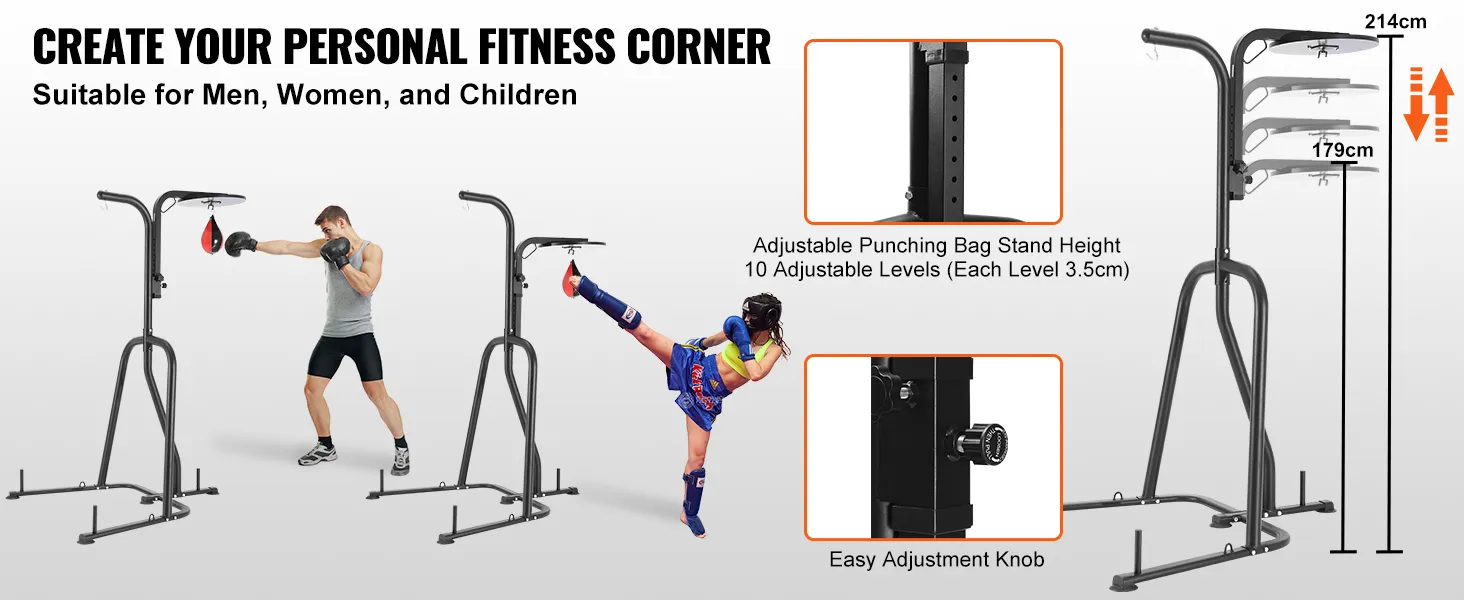 VEVOR punching bag stand with 10 adjustable height levels for personal fitness, suitable for all ages.
