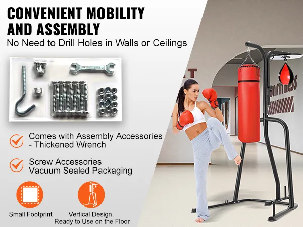 VEVOR punching bag stand features convenient mobility, assembly accessories, and a vertical design for easy use.