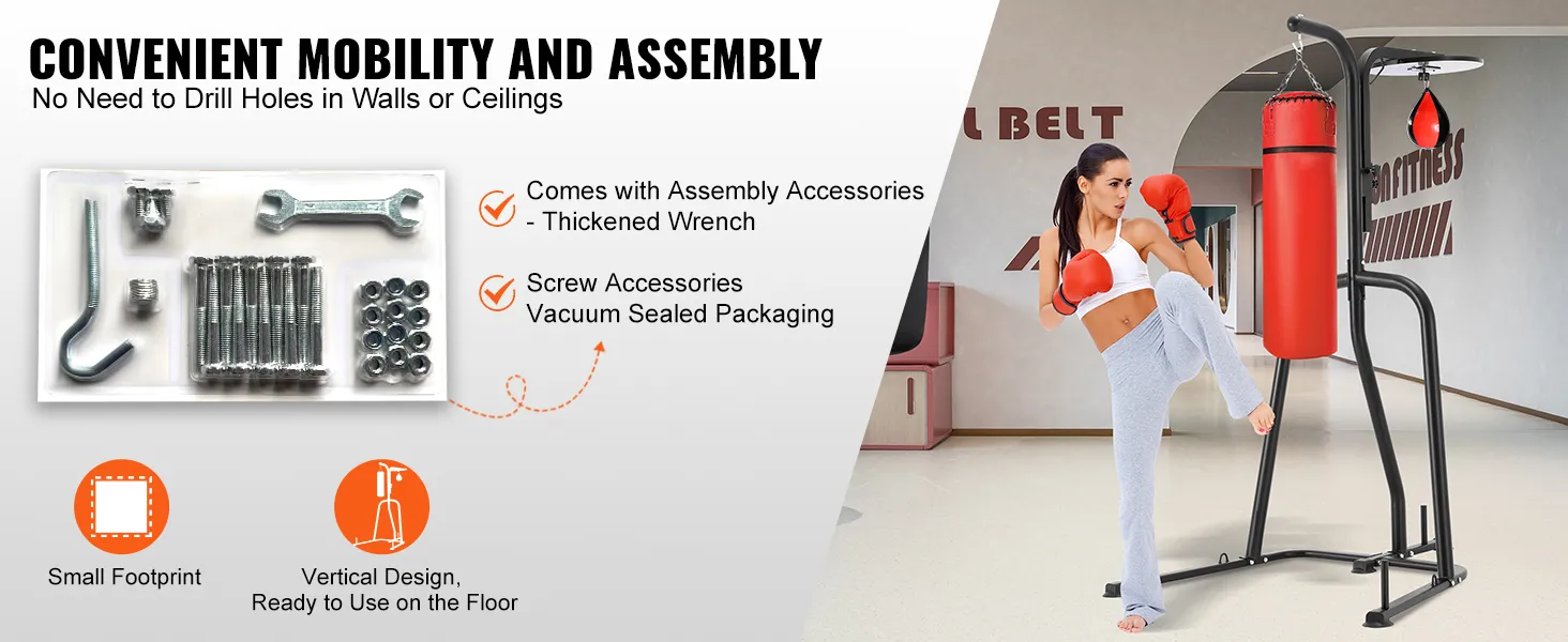VEVOR punching bag stand features convenient mobility, assembly accessories, and a vertical design for easy use.