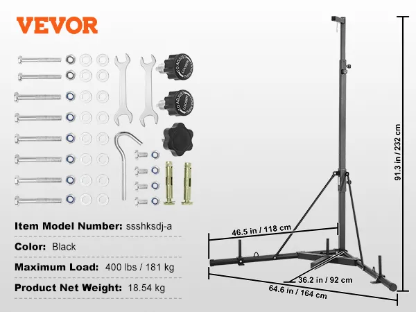 VEVOR punching bag stand with black color, 400 lbs load, 18.54 kg weight, dimensions, and tools.