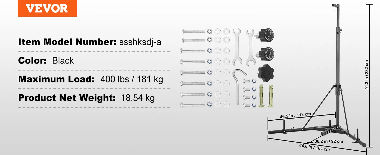 VEVOR punching bag stand with black color, 400 lbs load, 18.54 kg weight, dimensions, and tools.