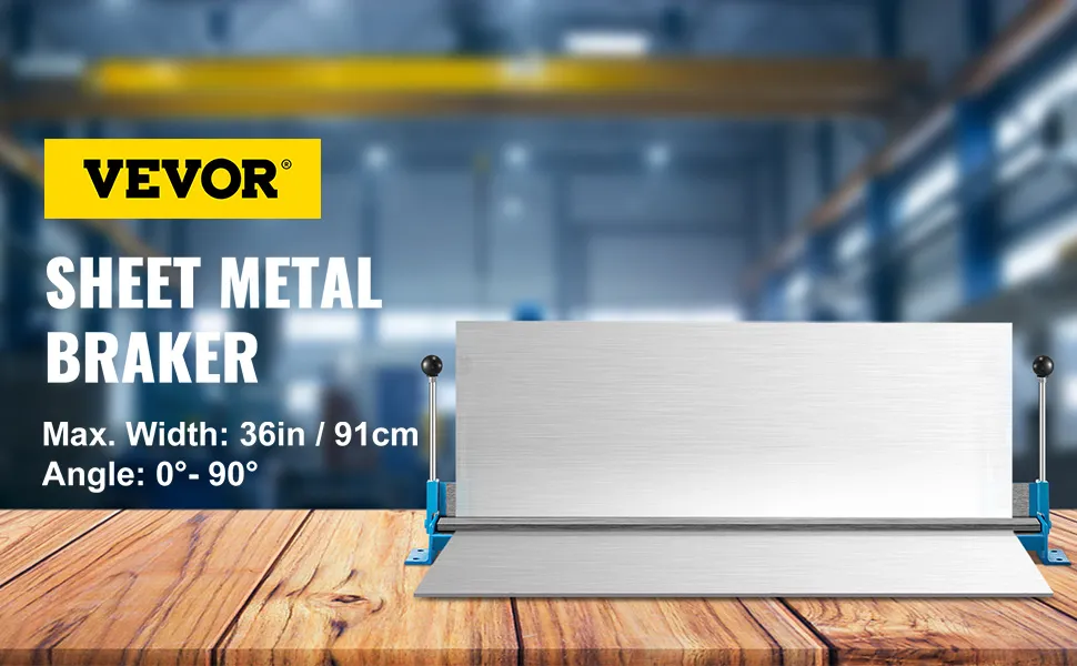 VEVOR sheet metal brake with 36in max width and 0°-90° angle on wooden surface.