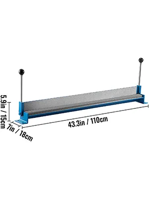 blue VEVOR sheet metal brake with dual handles and dimensions of 43.3in x 7in x 5.9in.
