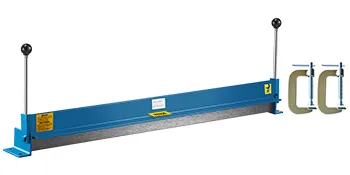 blue VEVOR sheet metal brake with clamps and lever arms on a white background.