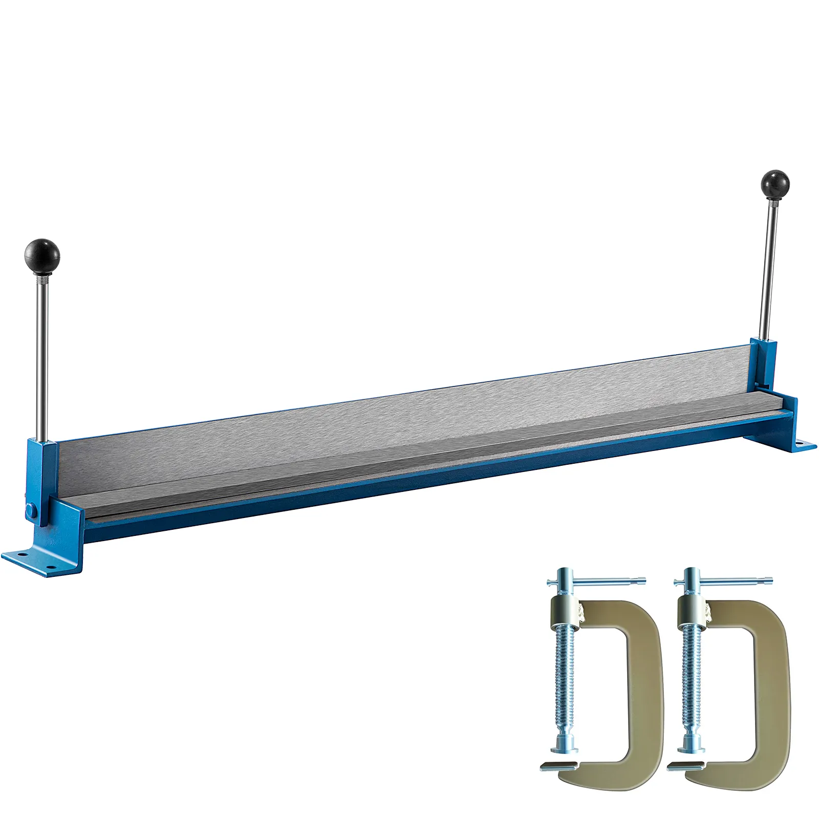 VEVOR sheet metal brake with blue base and metal clamps included.