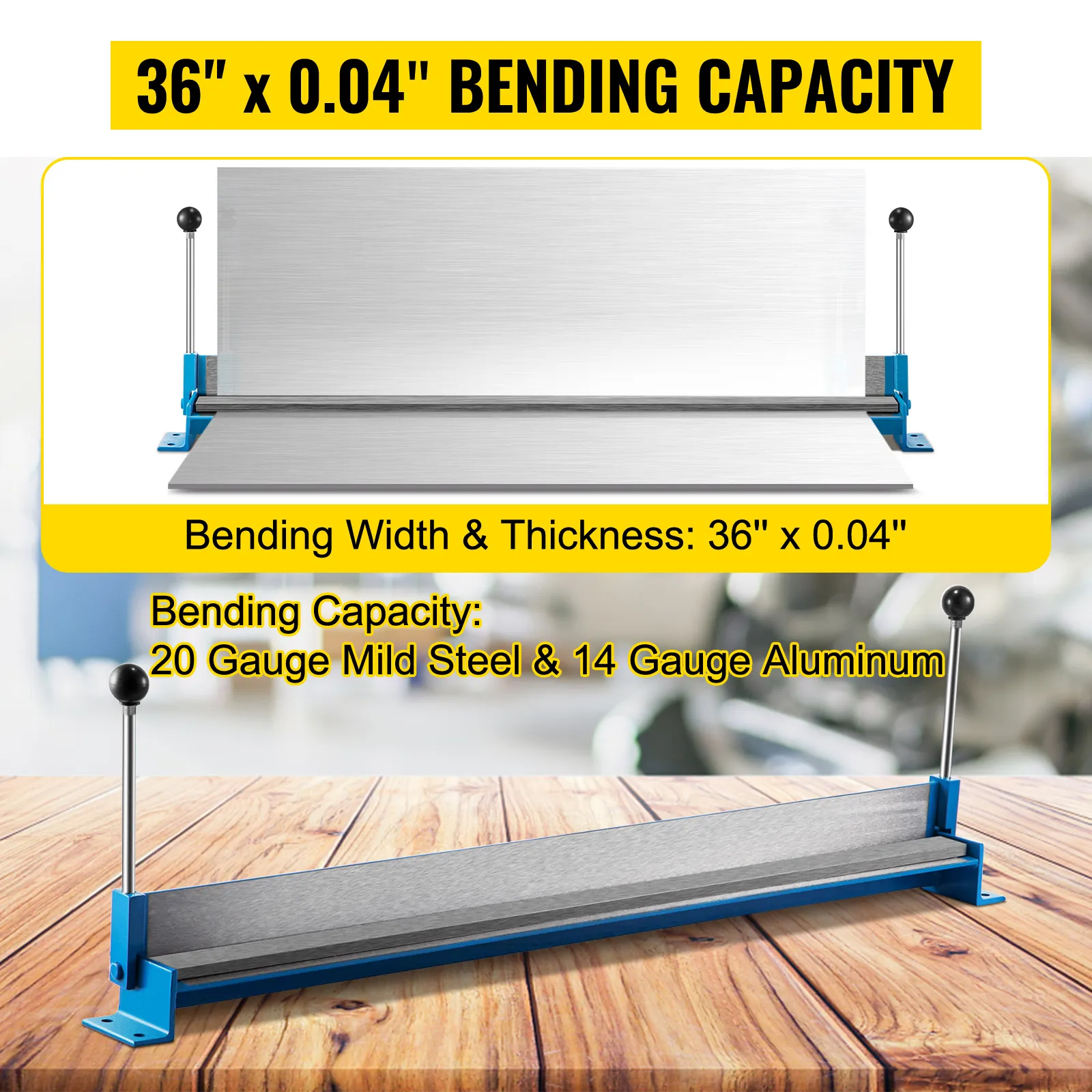 VEVOR sheet metal brake with 36" x 0.04" bending capacity for mild steel and aluminum.