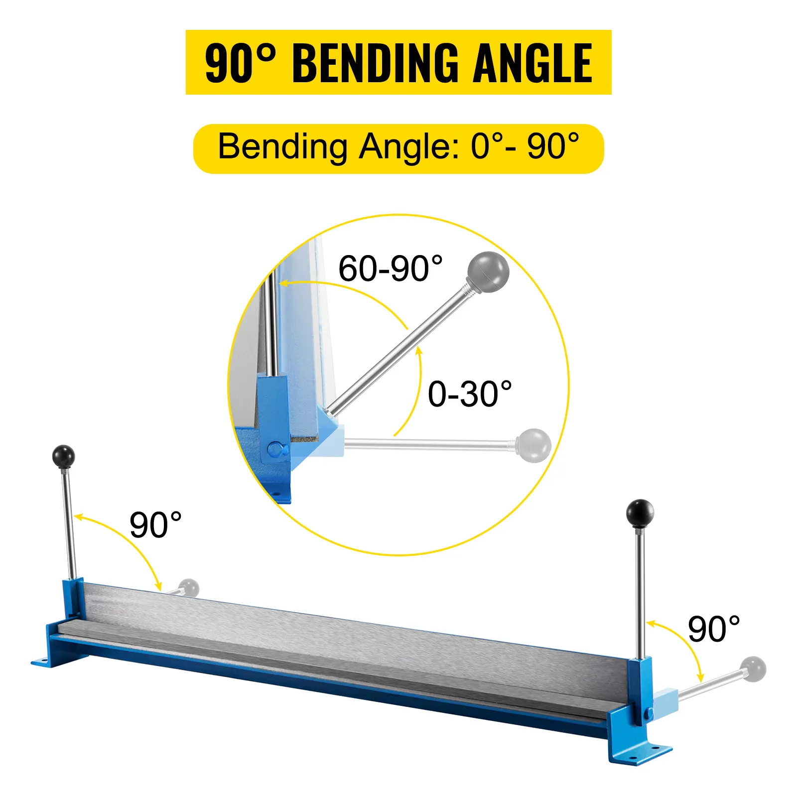VEVOR sheet metal brake illustrating 90-degree bending angle. bending ranges: 0-30° and 60-90°.