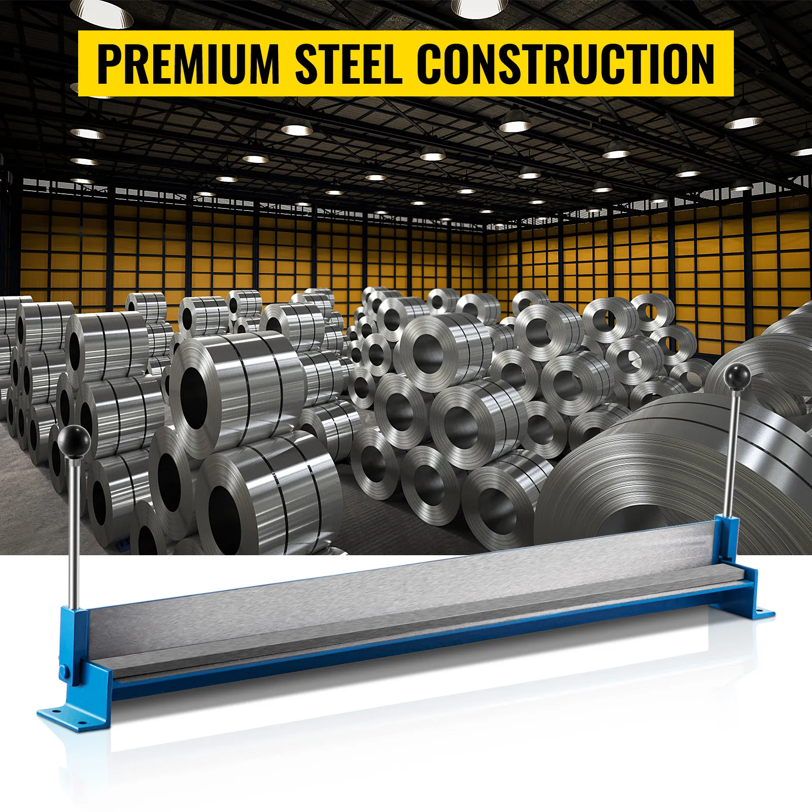 VEVOR sheet metal brake with steel coils in warehouse, featuring premium steel construction.