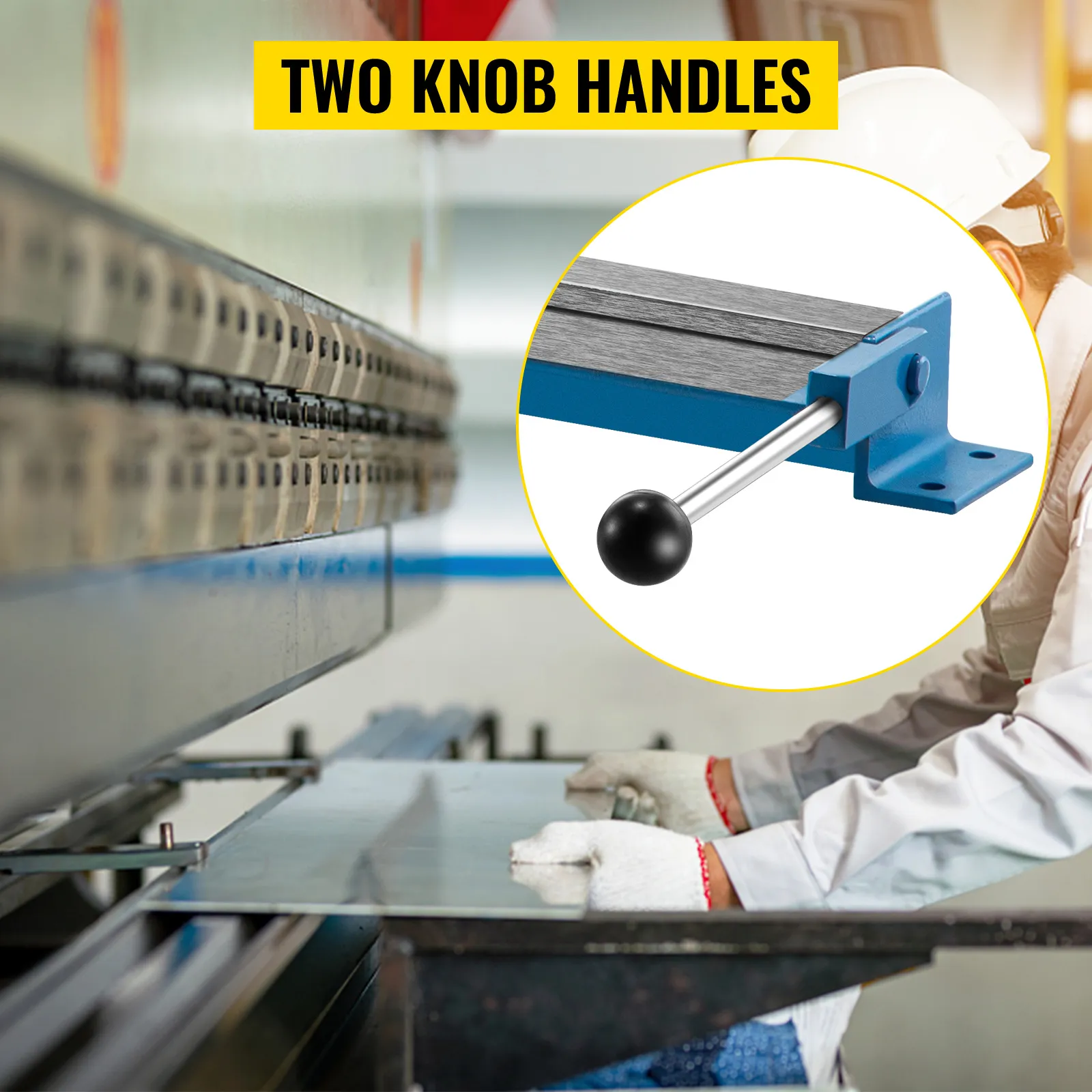 worker using VEVOR sheet metal brake with two knob handles for precision bending.
