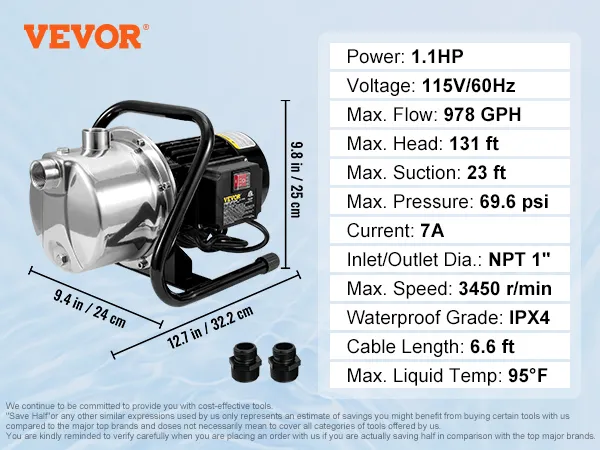 Bomba para pozos poco profundos VEVOR, 1,1 hp, 115 V/60 Hz, 978 gph, 3450 r/min, altura máxima de 131 pies, 69,6 psi, ipx4.