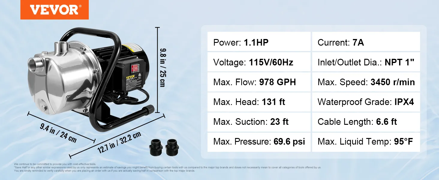 Bomba para pozos poco profundos VEVOR, 1,1 hp, 115 V/60 Hz, 978 gph, 3450 r/min, altura máxima de 131 pies, 69,6 psi, ipx4.