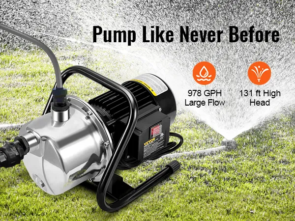 Bomba de pozo poco profundo VEVOR que muestra un flujo de 978 gph, una altura de elevación de 131 pies, una altura de succión de 23 pies y una presión de 69,6 psi.