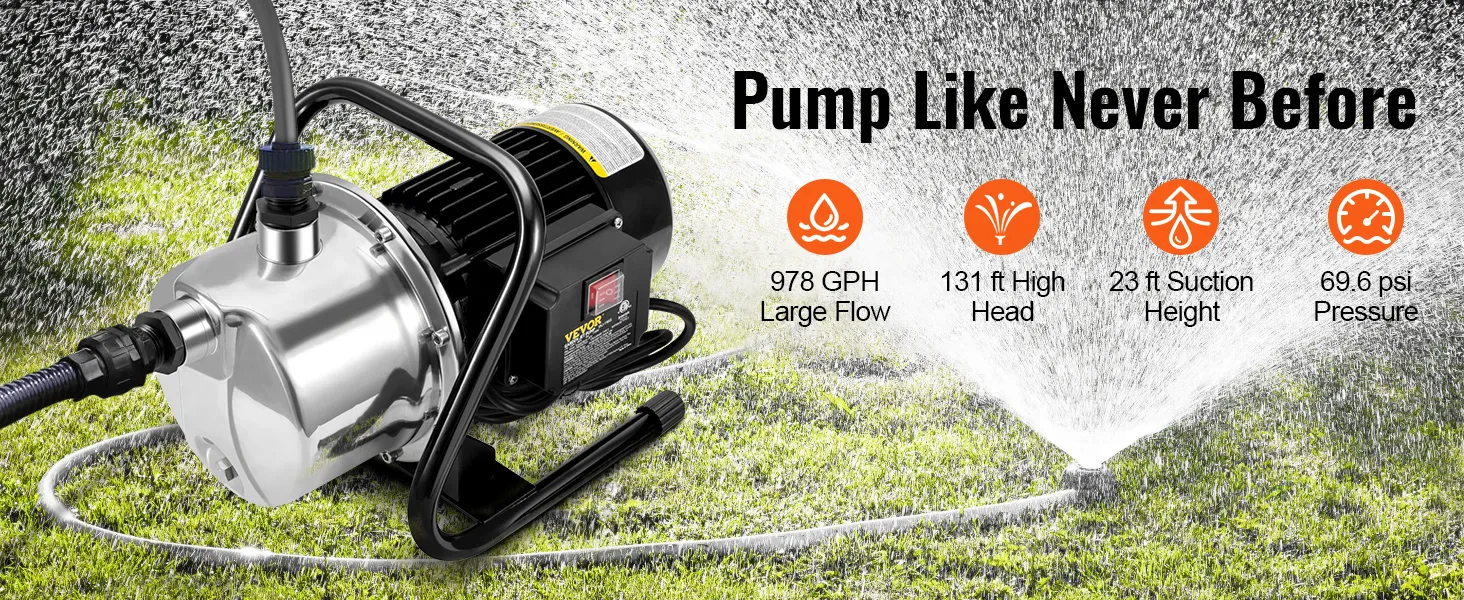 Bomba de pozo poco profundo VEVOR que muestra un flujo de 978 gph, una altura de elevación de 131 pies, una altura de succión de 23 pies y una presión de 69,6 psi.