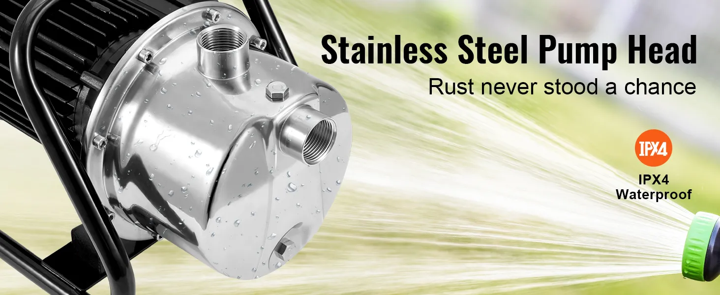 Bomba de pozo poco profundo VEVOR con cabezal de acero inoxidable, clasificación de impermeabilidad ipx4, resistente al óxido.