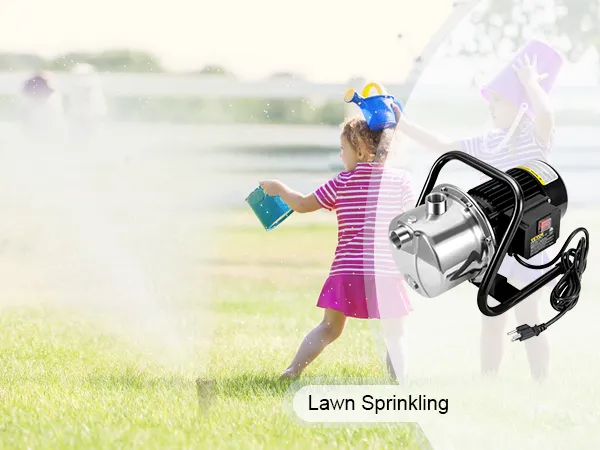 Bomba de pozo poco profundo VEVOR para regar el césped con niños jugando de fondo.