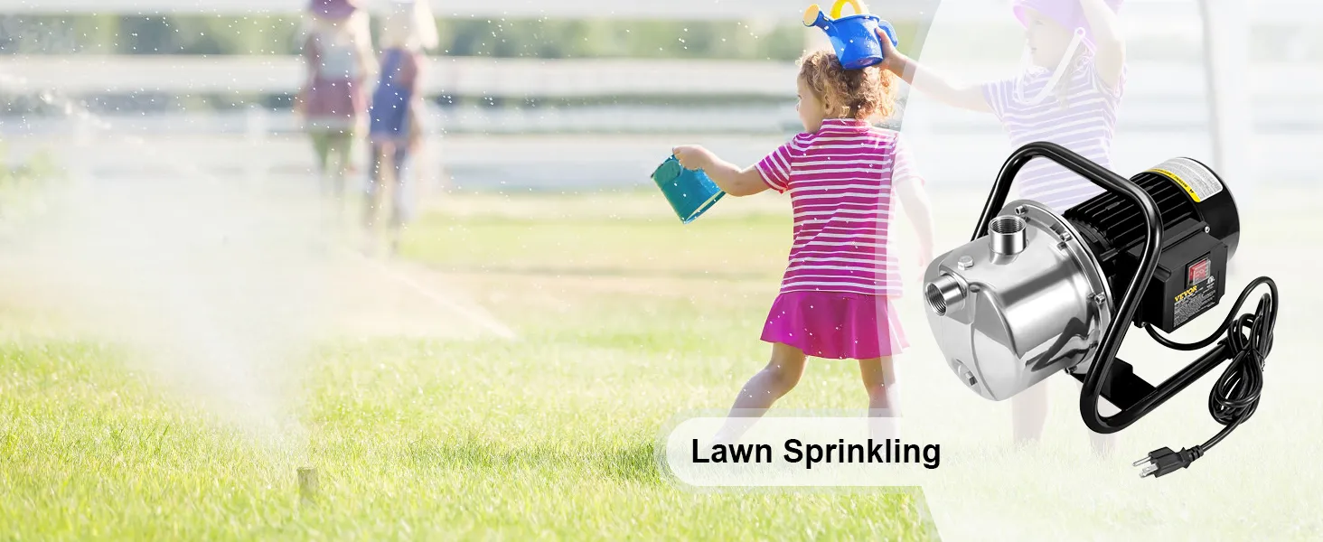 Bomba de pozo poco profundo VEVOR para regar el césped con niños jugando de fondo.