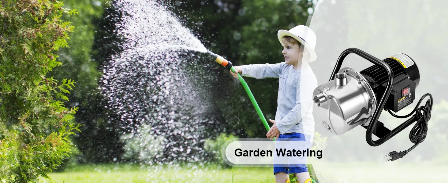 Bomba de pozo poco profundo VEVOR para riego eficiente del jardín con un niño usando una manguera en el fondo.