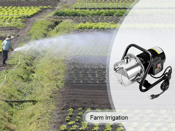Bomba de pozo poco profundo VEVOR utilizada en riego agrícola, que muestra la pulverización de agua sobre los cultivos.