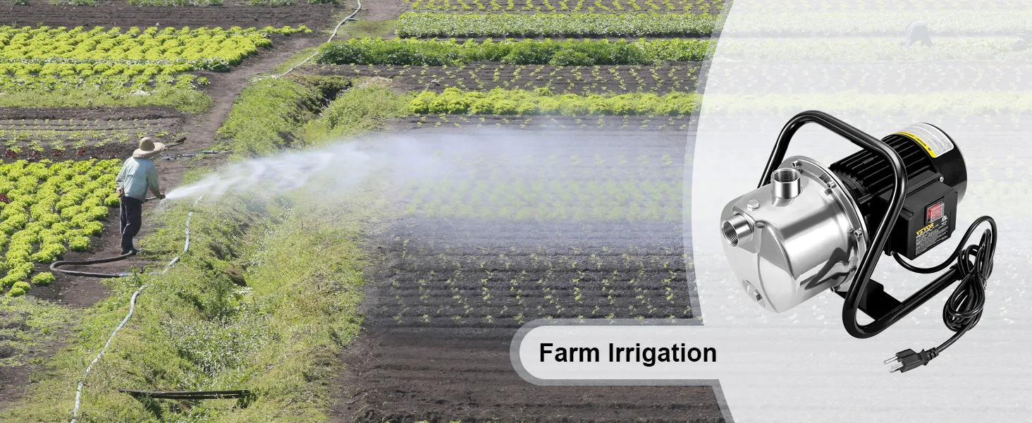 Bomba de pozo poco profundo VEVOR utilizada en riego agrícola, que muestra la pulverización de agua sobre los cultivos.