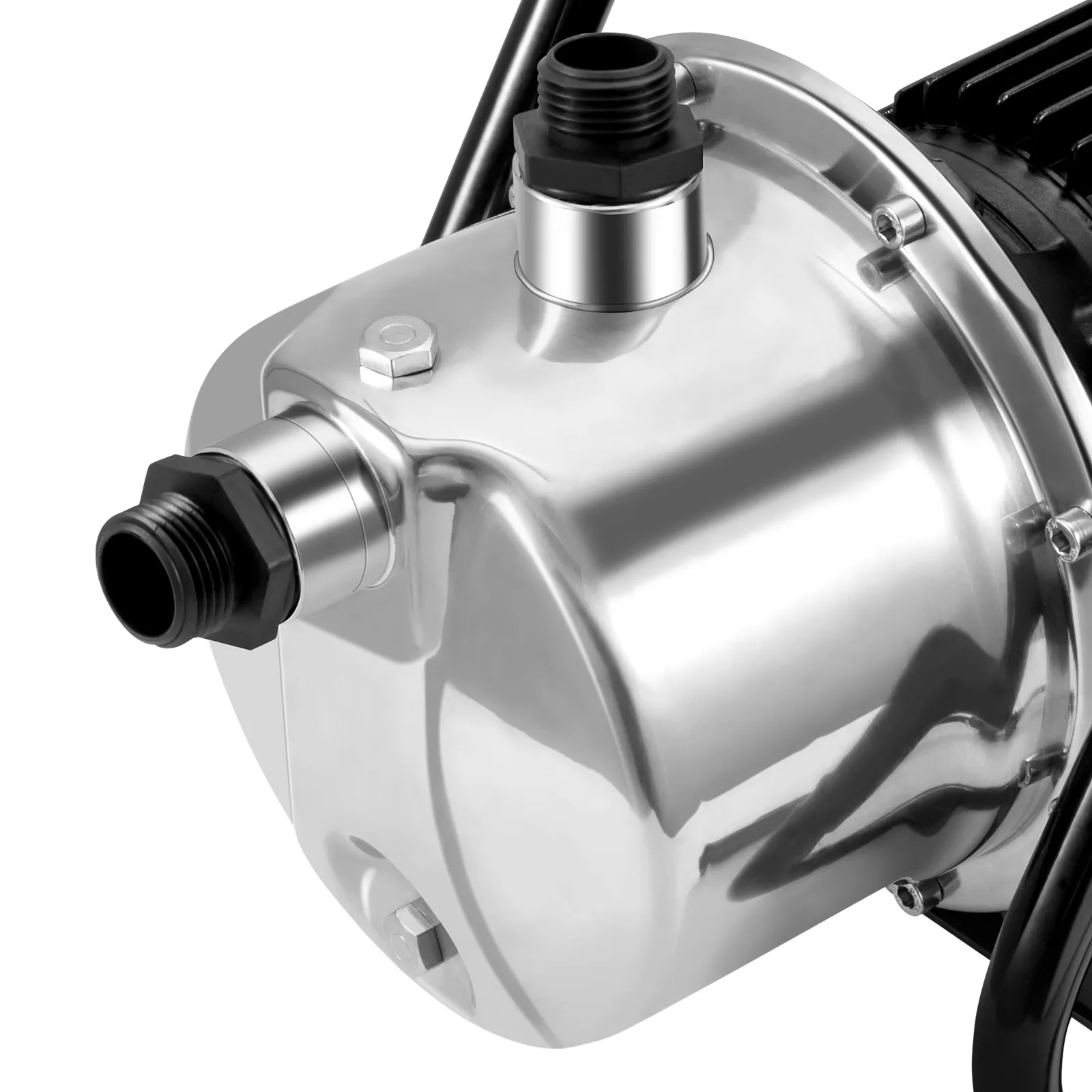 Bomba de pozo poco profundo VEVOR con carcasa de acero inoxidable y accesorios negros.