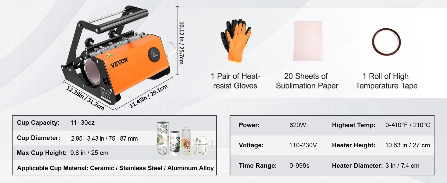 VEVOR tumbler heat press with gloves, sublimation paper, tape, and detailed specs for cup capacity and dimensions.