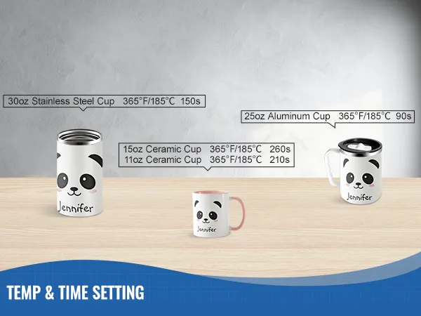 VEVOR tumbler heat press temp and time settings for various cup materials on a wooden table.