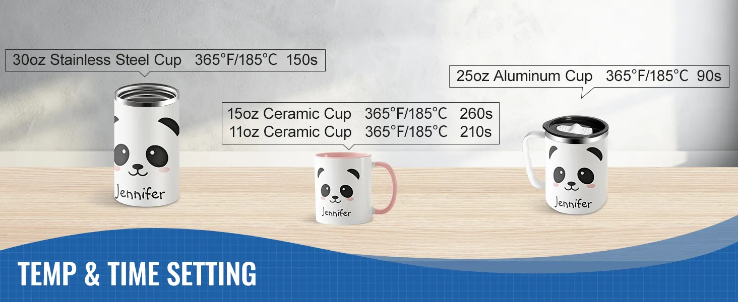 VEVOR tumbler heat press temp and time settings for various cup materials on a wooden table.