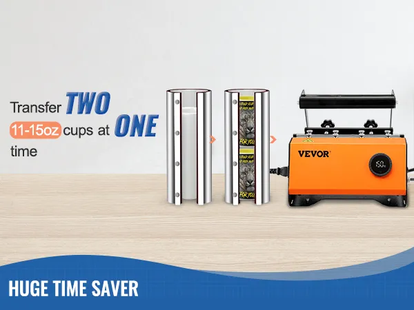 VEVOR tumbler heat press transferring two 11-15oz cups at once, showcasing efficiency and time-saving features.