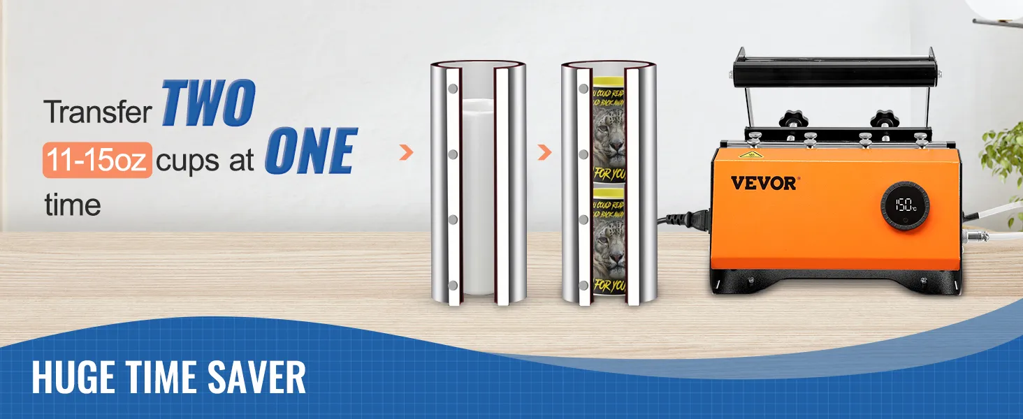 VEVOR tumbler heat press transferring two 11-15oz cups at once, showcasing efficiency and time-saving features.